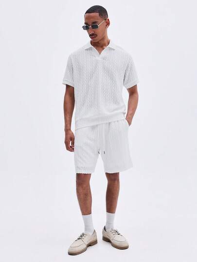 SUMWON Men Two Piece Lace Textured Short Sleeve Shirt And Drawstring Shorts Casual Summer Coord Set With V Neck