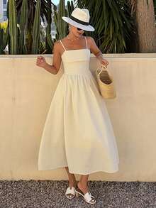 DAZY Women's Elegant Solid Color Spaghetti Strap Waist Tie Mid-Length Dress, Summer Sundress - Yellow - View 3