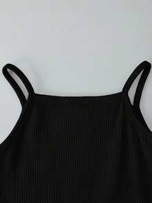 SHEIN 女童修身纯色罗纹吊带背心 - 黑色 - 查看 4