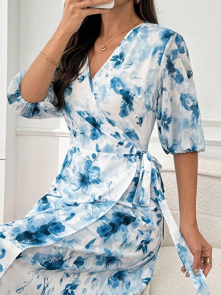 Women's Floral Print Overlap V-Neck Petal Sleeve Elegant Dress,Vacation Dresses,Summer Holiday Outfits,Elegant Dresses For Women Elegant Floral Dresses For Women,Graduation Outfit For Mother, Ruffle Dress,Summer Outfits For Women