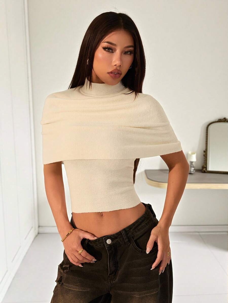 SHEIN PETITE 女士优雅纯色高领裹身针织上衣 夏季