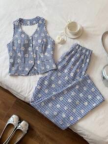 SHEIN 2pcs/Set Spring/Summer Teen Girls Elegant Casual Halter Shirt & Textured Print Wide Leg Pants Set, Suitable For Daily, Commute, Leisure, Vacation, Gathering, Beach - Blue - View 1