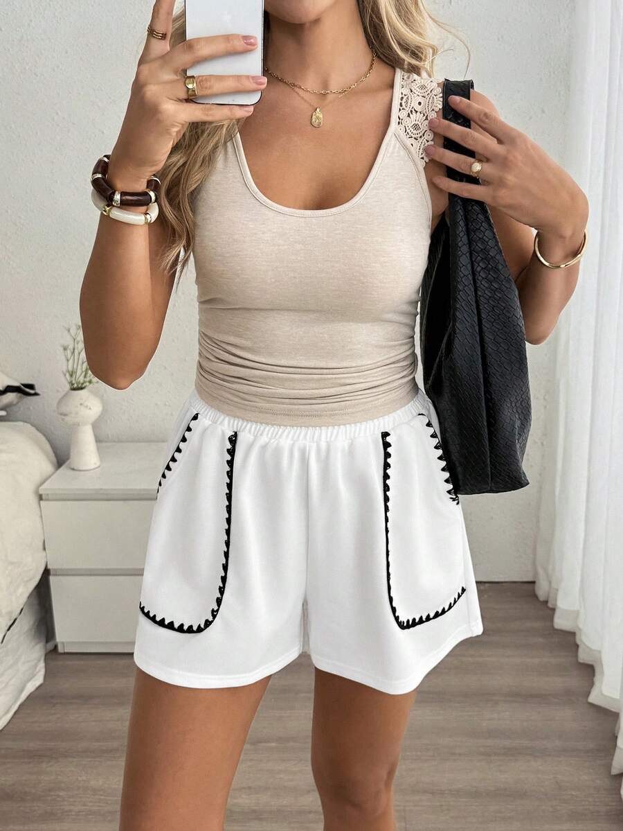 Louniche Women's Casual Elastic Waist Shorts With Contrast Trim, Summer - White - View 1