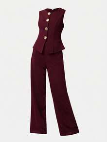 Girlism Teen Girls Sleeveless Top And Pants Set, Metal Button Closure, Elegant Retro Style,,,Kids - Burgundy - View 3