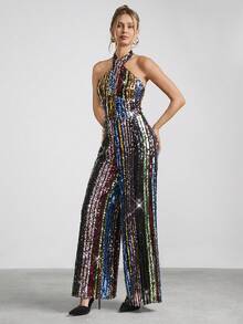 SHEIN Clasi Rainbow Sequin Decor Halter Neck Women Jumpsuit For Party New Years Outfit Christmas Party Women Jumpsuit Holiday Party Women Jumpsuit New Years Eve Outfit New Years Outfit Glitter Pants Glitter Jumpsuit Party Women Outfits New Years Eve Attire - Multicolor - View 5