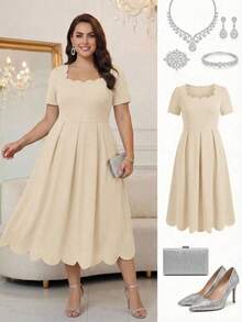 Ellevyn Plus Size Elegant Women Dress With Square Neckline And Shell Trim - Apricot - View 7
