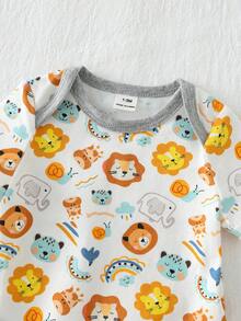 Loomiva 5pcs/Set Newborn Baby Boy/Girl Cute Animal Print Soft & Comfortable Romper + Shorts + Bib + Hat + Mittens Set - Multicolor - View 7