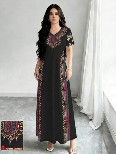 Al Najma Women's Spiral, Floral Digital Print Faux Embroidery V-Neck Short Sleeve Elegant Summer Dress Embroidered Dress Maxi Dresses For Women Curve Turkish Dress, Caftan Dress, Long Dress