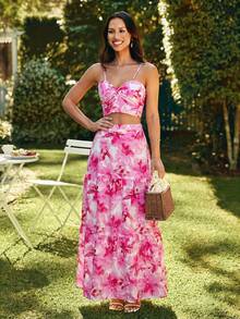 KARISMINA 女士印花无袖露脐上衣和半身裙休闲两件套 - 粉色 - 查看 6