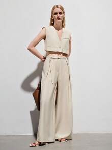 Aveloria Modichic Minimalist Elegant Women's Commuting Modern Versatile Sleeveless Single-Button Design Cropped Vest Suit Paired With Asymmetrical Waistband Loose Wide-Leg Suit Pants - Apricot - View 4