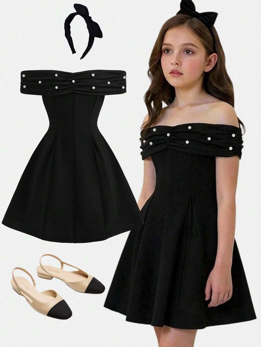 SHEIN Girlism Tween Girls Beaded Tie Shoulder Cutout Mini Dress, Black, Suitable For Back-To-School, Spring/Summer, Homecoming, Casual Occasions, Parties, Weddings, Bridesmaid Events - Black - View 1