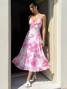 Firerie 女士新款性感露背V领连衣裙，粉色扎染花卉系带后摆伞裙，适合女士度假、约会、下午茶、假日、音乐节、海滩等场合。 - 彩色 - 查看 6