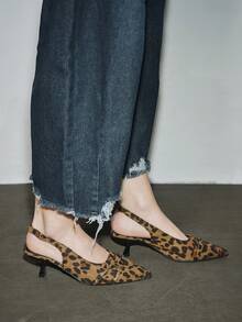 2025春秋新款女士豹纹高跟鞋，尖头后跟系带小猫跟搭扣礼服鞋，优雅派对鞋 - 棕色 - 查看 4