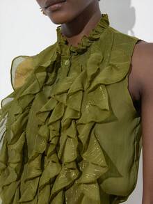 Aveloria Modichic Olive Green Sleeveless Layered Ruffle Collar Blouse, Metallic Striped Chiffon Elegant Casual Versatile Top, Vintage French Romantic Style - Green - View 2