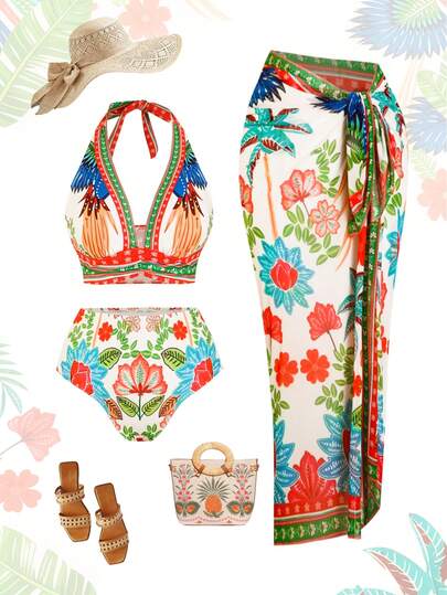 Swim Oasis 3pcs Plus Size Women Parrot Print Deep V Halter Top & High Waist Bikini Bottoms Set, Matching Wrap Dress For Beach Vacation