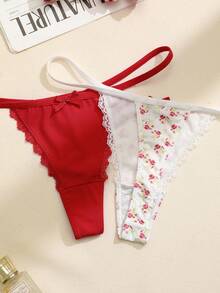 PetitDoll 3pcs/Set Celana Dalam Thong Wanita Motif Bunga Pita Patchwork Renda - MultiWarna - View 7