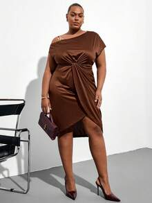 Levarali Plus Size Elegant Sexy Chocolate Brown Summer Dress For Curve, Asymmetrical Shoulder Sequin Embellished Strap Ruched Tulip Hem Cocktail Party Slit - Brown - View 6