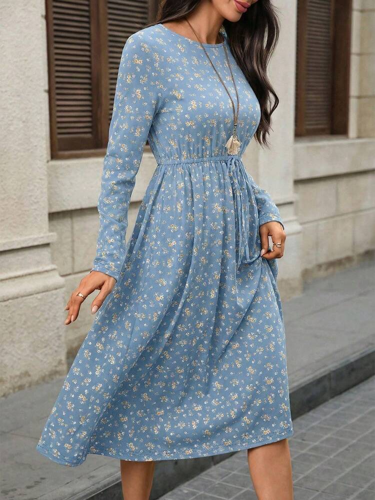 Plus Size Women's Summer Casual Vacation Round Neck Long Sleeve Floral Print Dress,Spring Break Outfits ,Vacation Outfits Women ,Holiday Outfits For Women,Going Out Outfits,2026 New Clothes,Simple And Fashionable For Everyday Wear,Dress Modest,Sun Dresses For Women,Sundress,Flowy Dress,Holiday Outfits Boho, Summer Casual Dress, Blue Flower Dress, Long Sleeve Summer Dresses, Summer Modest Dress,Casual Dresses For Women