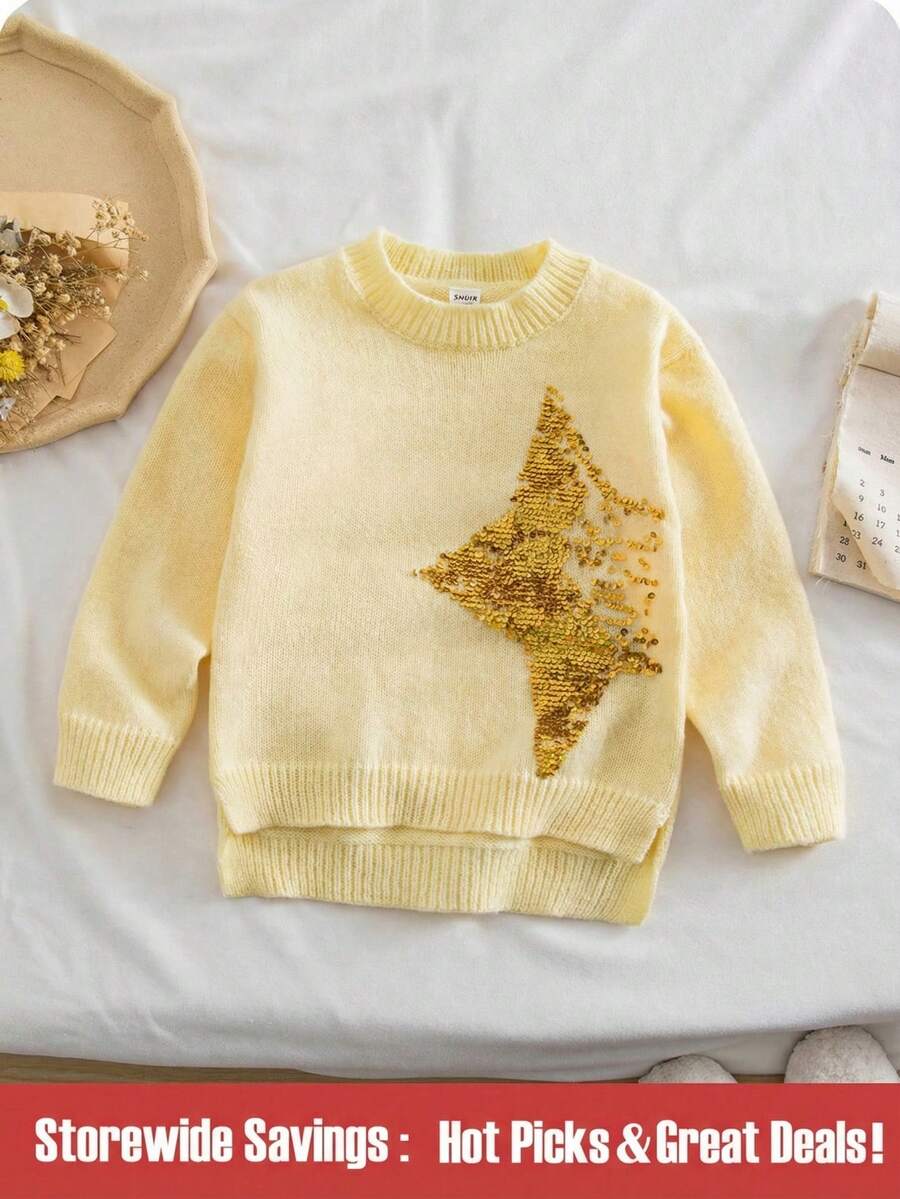 SHEIN 女童亮片五角星图案圆领长袖休闲毛衣,秋冬季闪亮服饰,适合3-4岁女童,秋冬季服装,毛衣,女童针织毛衣,女童秋冬季毛衣,可爱服饰,春秋季套装,女童秋冬季服装,女童服装,女童秋冬季服装,毛衣,女童秋冬季毛衣,秋冬季女童服装,秋冬季女童服装,套头衫 - 黃色 - 查看 1