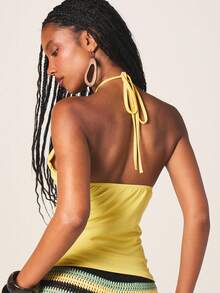 MISSGUIDED Women's Halter Neck Tie Strap Sleeveless Summer Tank Top With Keyhole Cutout Detail Casual Yellow Backless Beach Vacation Cropped - Yellow - View 3