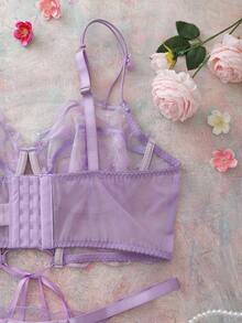 2pcs Romantic Embroidered Hollow-Out Cross Strap Underwire Bra Set - Mauve Purple - View 6