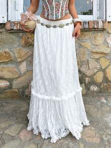 MainGRL SHEIN 春夏女士度假系列优雅梦幻白色蕾丝飘逸半身裙，适合夏季假期、春季、海滩、外出、度假、休闲场合、婚礼及活动。 - 白色 - 查看 3