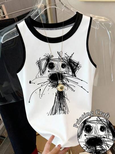 Resyla 女士卡通小狗印花撞色圆领休闲背心