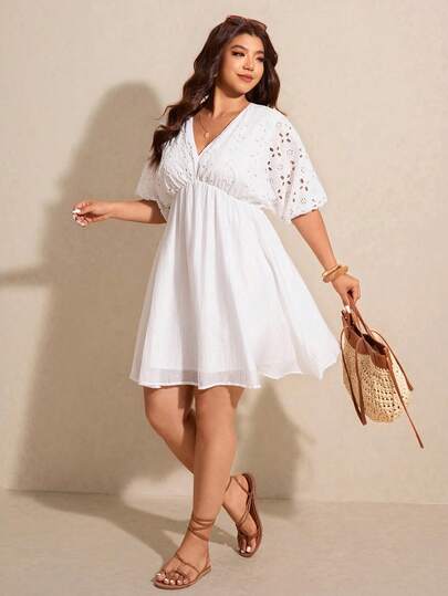 Elaquor Plus Size Women Hollow Out Embroidery Ruffle Sleeve Vacation Dress