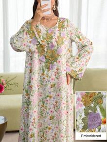 Al Najma Elegant Floral Print Embroidered Ruffle Trim Long Sleeve Loose Flared Robe For Women - Multicolor - View 3