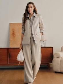 Anewsta Casual Loose Retro Colorblock Striped Patchwork Shirt-Style Blazer For Women - Beige - View 7