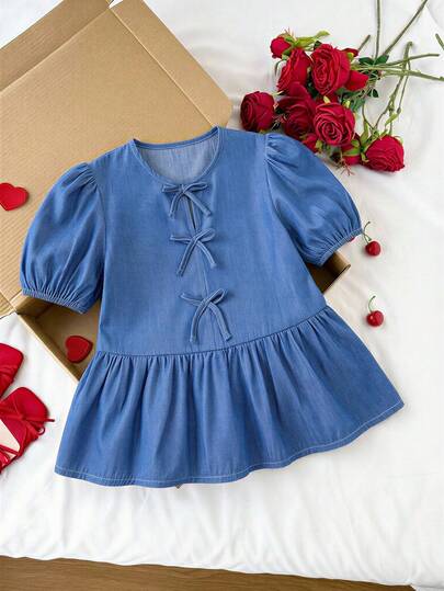 SHEIN Ruffled Hem Business Casual Girls' Blouse, Teacher Shirt, Back To School Tie Blouse Top Casual Puff Sleeve Contrast Bow Blouse Girls' Dignified Denim Tie Blouse, Spring/Summer Girls' Casual Puff Sleeve Contrast Color Tie Blouse Basic Short Sleeve T-Shirt, Spring/Summer Tie Denim Style Blouse, Daily Short Sleeve Top