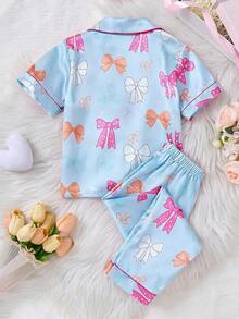 两件套少女浅粉色缎带蝴蝶结印花短袖开衫和裤子休闲家居服套装 - 藍色 - 查看 2