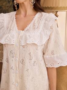 SHEIN Palace Style Jacquard Knit V-Neck Ruffle Trim Short Sleeve & Long Pants Women Pajama Set - Beige - View 5