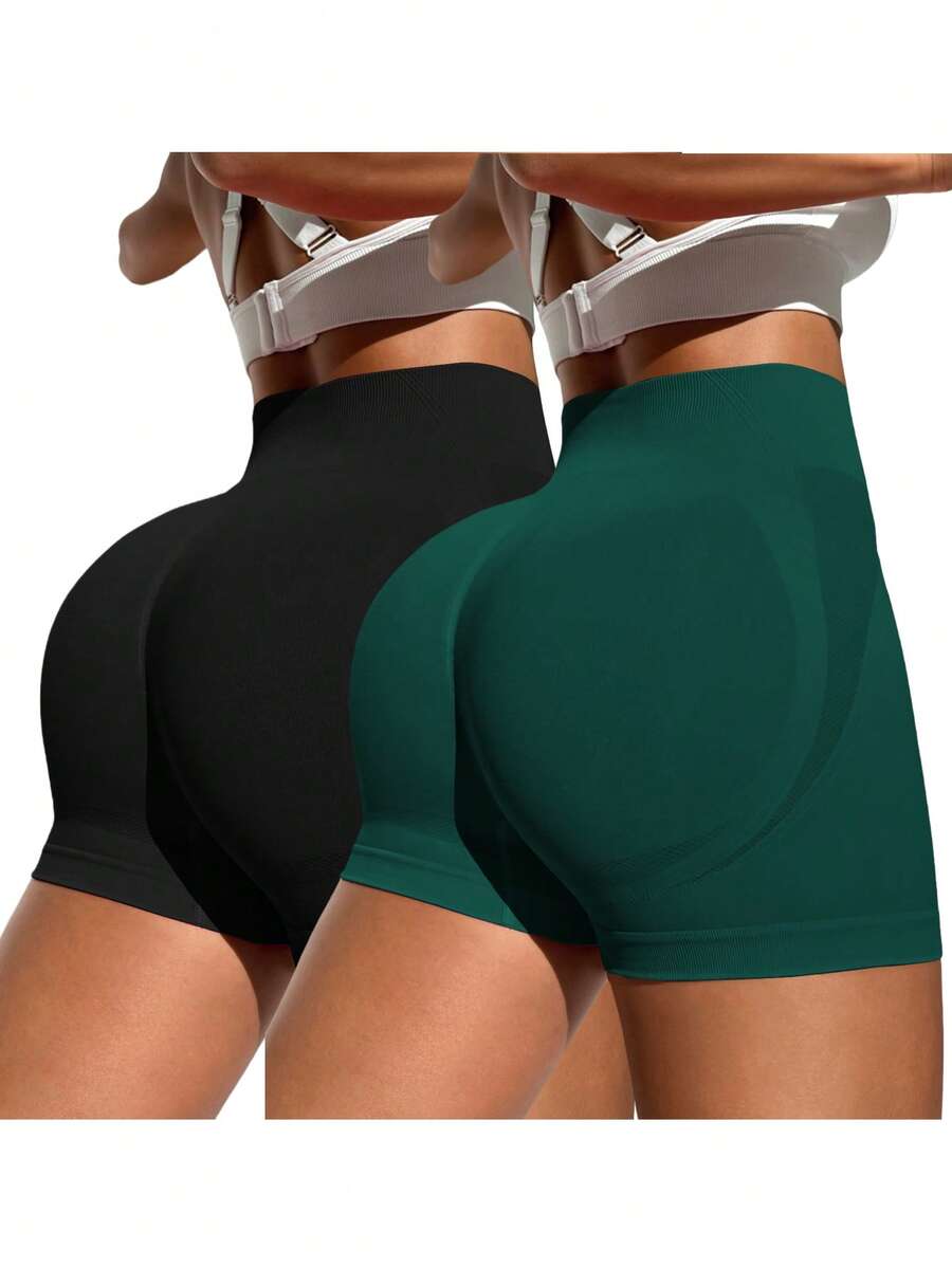 Velisys Velisys 2 Stück Damen Sport Shorts, Schwarz & Olivgrün, hoher Bund, nahtlos, bequem für Yoga, Fitness, Laufen, Radfahren, Lässig, beliebter Stil hoher Bund Yoga Shorts Spandex Damen Sport Shorts Damen hoher Bund Sport Shorts - Verschiedenfarbig - Übersicht 1