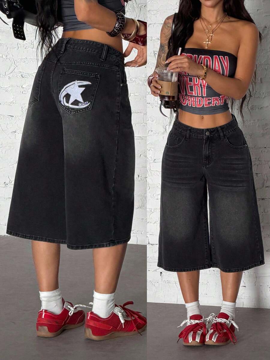 StreetHx 女士时尚休闲百搭刺绣星形喇叭牛仔裤 - 黑色 - 查看 1