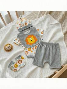 Loomiva 5pcs/Set Newborn Baby Boy/Girl Cute Animal Print Soft & Comfortable Romper + Shorts + Bib + Hat + Mittens Set - Multicolor - View 8