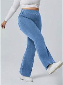 Flexra Plus Size Casual Washed High Waist Flare Jeans - Blue - View 3