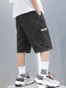 SHEIN Quần short denim xanh dáng rộng, phong cách retro, có túi bên hông, thích hợp cho bé trai mùa hè. Thích hợp cho bé trai mùa xuân hè hoặc kỳ nghỉ xuân. - Rửa nhẹ - Xem 2