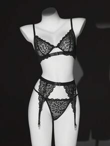 Conjunto de 3 piezas de ropa interior sexy de encaje para mujer - Negro - Ver 6