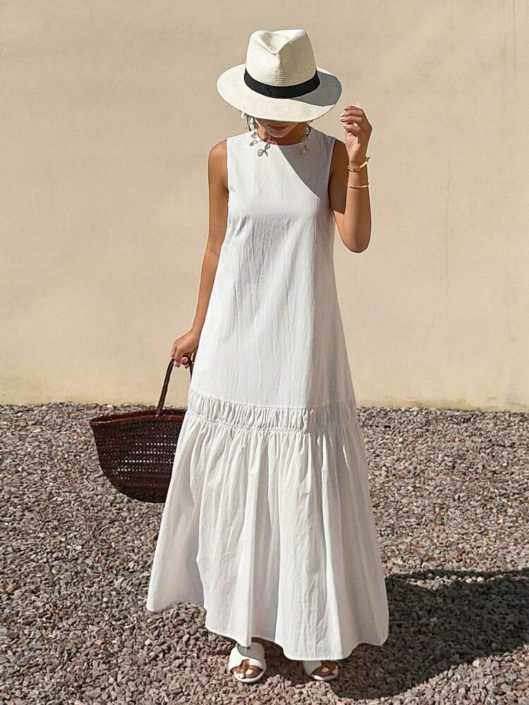 Women's Summer Round Neck Sleeveless Dress, Casual Loose Vacation Style Sundress