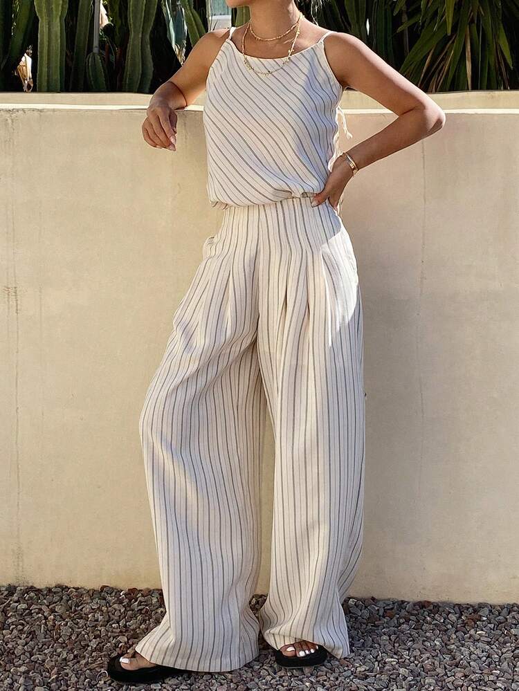 Women's Summer Striped Camisole Design Fitted Slim Top And Loose Minimalist Striped Pants Vacation Casual 2 Pieces Set