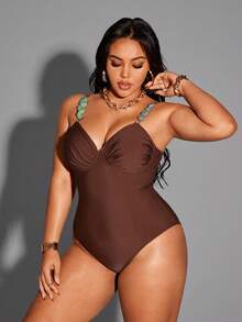Shapewave Áo tắm liền thân cỡ lớn, màu trơn, chất liệu vải dệt kim, dây mảnh, lưng chéo, có dây rút, giúp tôn dáng. - màu nâu - Xem 4