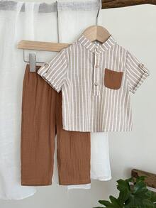 LMoss Kids Baby Boy Casual Button Half-Placket Pocket Striped Short Sleeve Shirt And Pants Set - Multicolor - View 4