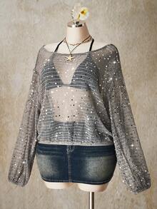 SHEIN ICON Plus Size Y2K Sequin Sheer Cover Up, Casual Sequin Loose Lantern Sleeve Vacation Cover Up, Suitable For Music Festival, Beach, Date - Grey - View 5