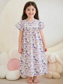 SHEIN 女童碎花图案圆领荷叶袖休闲连衣裙 - 淡紫色 - 查看 4