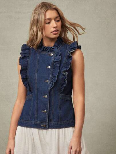 WESTFADE Ruffle Neck Button Front Sleeveless Cotton Blend Denim Vest Spring, Resort Wear, Summer, Vacation, Beach, Festival, Stagecoach, Coachella, Casual, Cute, Boho, Nashville, Cowgirl, Rodeo, Country Concert Outfit, Western Wear For Women
