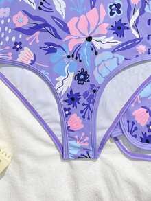 SHEIN 少女连体泳衣，可爱紫色、白色波点和粉色碎花印花，针织面料，可调节颈带，连体泳衣配短裤，两件套，时尚休闲优雅女士款，适合游泳、夏季度假、海滩、泳池、节日派对等场合。 - 紫色 - 查看 5
