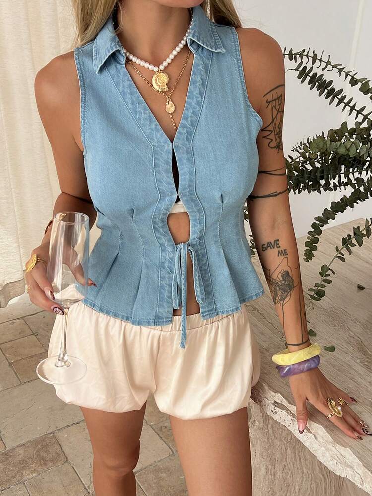 Women's Summer Lapel Sleeveless Open Front Tie-Up Casual Denim Blouse