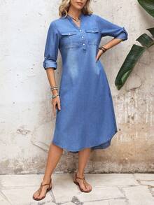 EMERY ROSE Women's V-Neck Button Half Placket Roll-Up Sleeve Casual Denim Dress - Blue - View 5