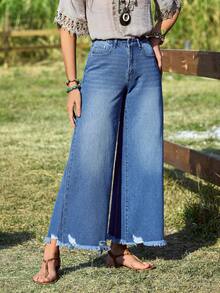 EMERY ROSE Women's Pocket Button Tassel Casual Versatile Daily Wear Wide Leg Jeans - Blue - View 4